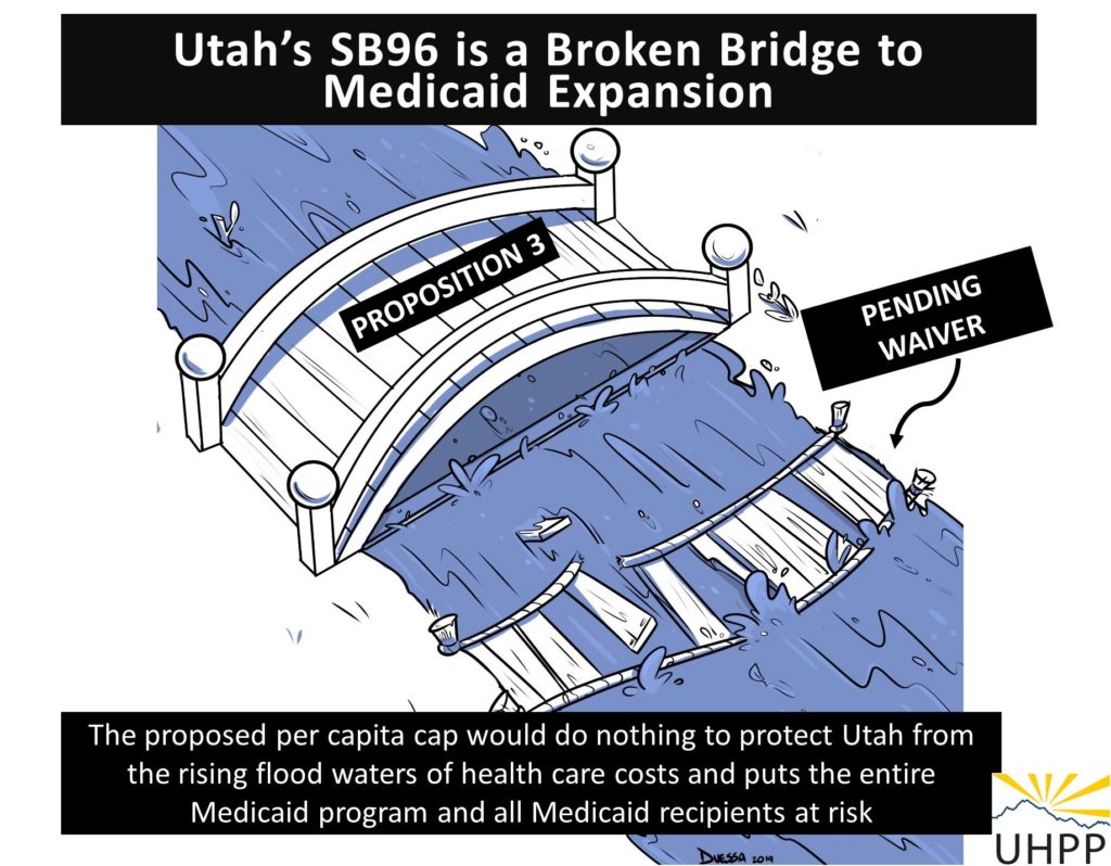 image of a sturdy bridge labeled "prop 3" and a broken bridge labeled "pending waiver"- captioned "the proposed per capita cap would do nothing to protect Utah from the rising flood waters of health care costs and puts the entire Medicaid program and all Medicaid recipients at risk 