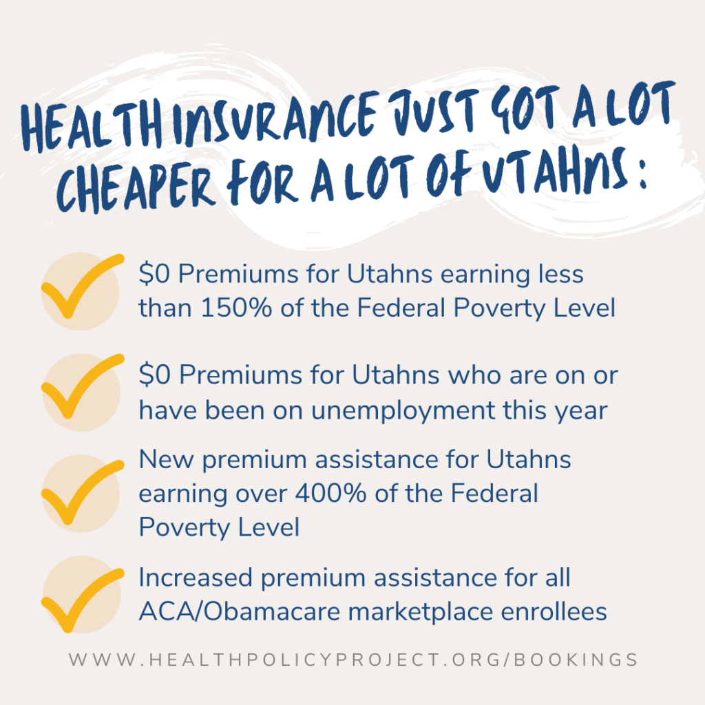 health insurance just got a lot cheaper for a lot of utahns - $0 premiums for utahns under 150% fpl or on unemployment, new assistance for all ACA enrollees and those over 400% fpl