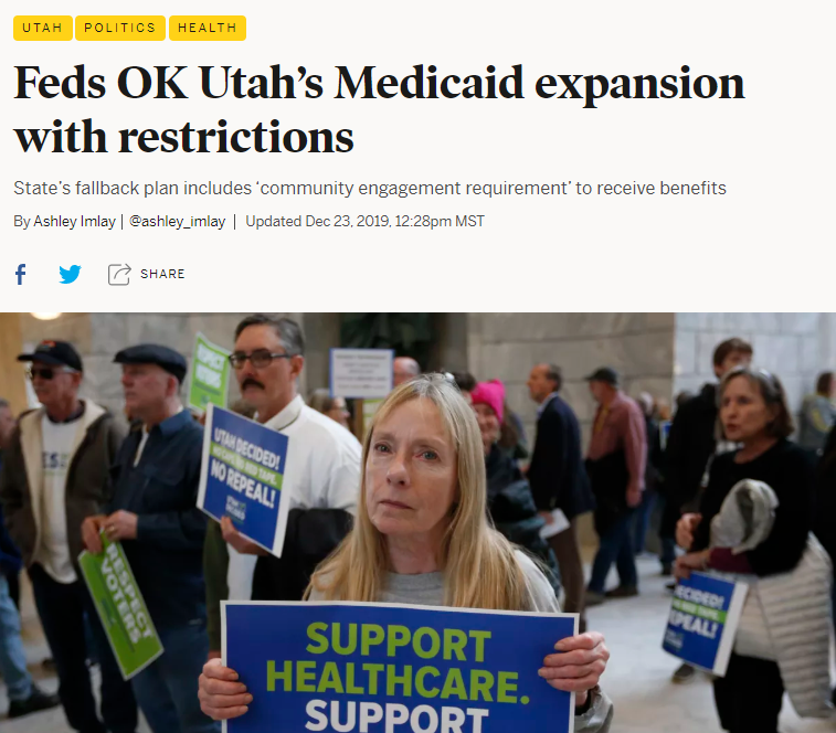 screenshot of deseret news heaqdline: feds ok Utah's Medicaid expansion, with restrictions