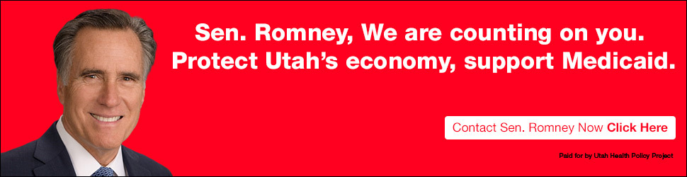 "Sen. Romney, we are counting on yo. Protect Utah's economy, support Medicaid" on a red background with an image of Senator Romney